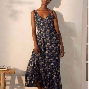 Boden Navy Blue Gold Tropical Palm Print Midi Dress Effortless Coastal Chic